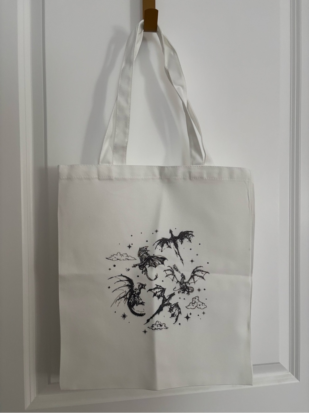 White Canvas Tote with Black Dragon Print